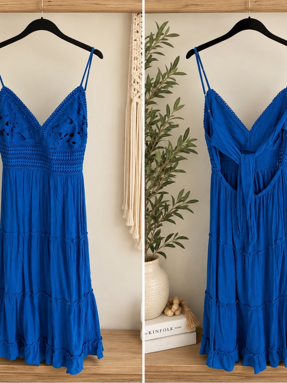 Women's Blue Crochet-Top Spaghetti Strap Dress